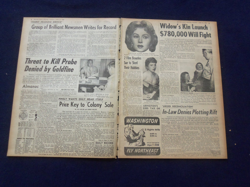 1958 JUNE 10 BOSTON RECORD AMERICAN NEWSPAPER -GOLDFINE THREAT TO SOLONS-NP 6275