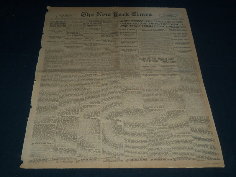 1919 JANUARY 16 NEW YORK TIMES NEWSPAPER - ADOPT SECRECY FOR PEACE - NT 7520
