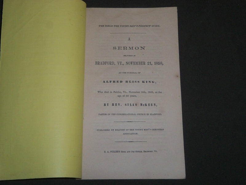 1858 ALFRED BLISS KING FUNERAL SERMON - BRADFORD VERMONT - REV. MCKEEN - J 4741