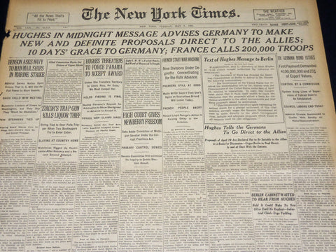 1921 MAY 3 NEW YORK TIMES - HUGHES ADVISES GERMANY MAKE NEW PROPOSALS - NT 7839