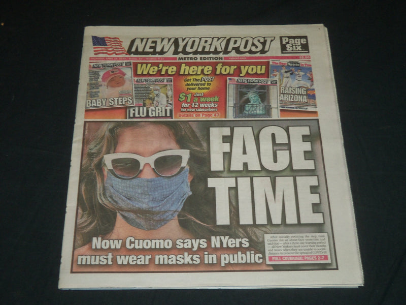 2020 APRIL 16 NEW YORK POST NEWSPAPER - FACE TIME - MUST WEAR MASK IN PUBLIC