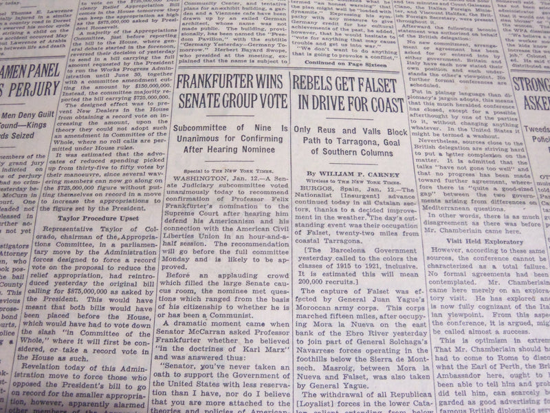 1939 JANUARY 13 NEW YORK TIMES - FRANKFURTER WINS SENATE GROUP VOTE - NT 6845
