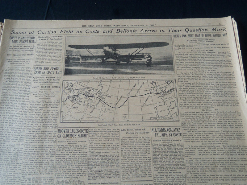 1930 SEPTEMBER 3 NEW YORK TIMES NEWSPAPER - COSTE DOES IT IN 37 HOURS - NT 7224