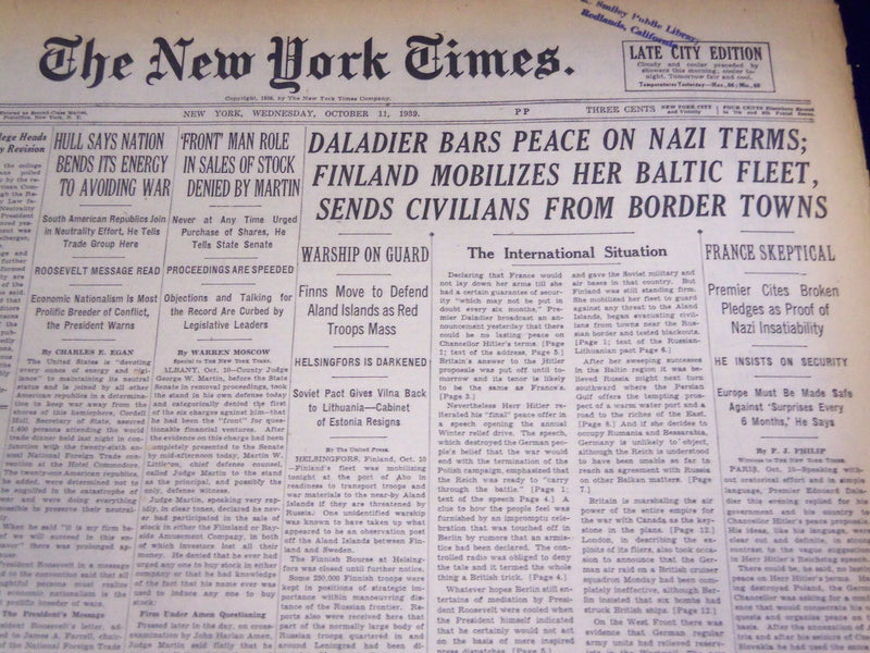 1939 OCTOBER 11 NEW YORK TIMES - DALADIER BARS PEACE ON NAZI TERMS - NT 577B