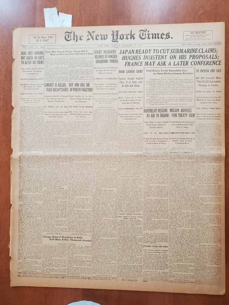 1921 DECEMBER 27 NEW YORK TIMES NEWSPAPER-JAPAN TO CUT SUBMARINE CLAIMS -NT 8047