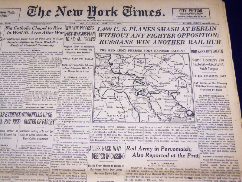 1944 MARCH 23 NEW YORK TIMES - 1,400 U. S. PLANES SMASH AT BERLIN - NT 1785