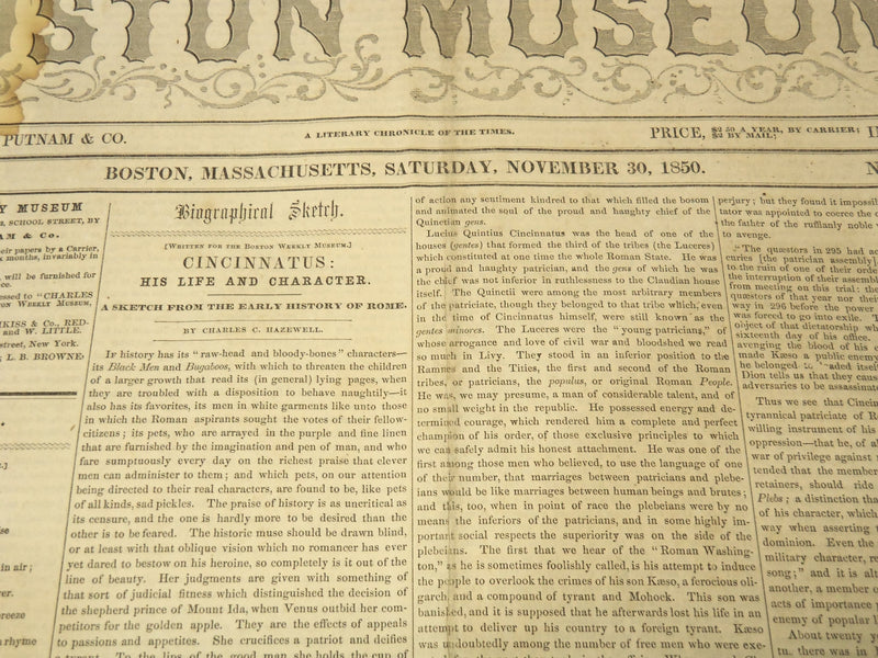 1850 NOVEMBER 30 BOSTON MUSEUM NEWSPAPER -BARNUM'S MANSION - JENNY LIND- NP 9041