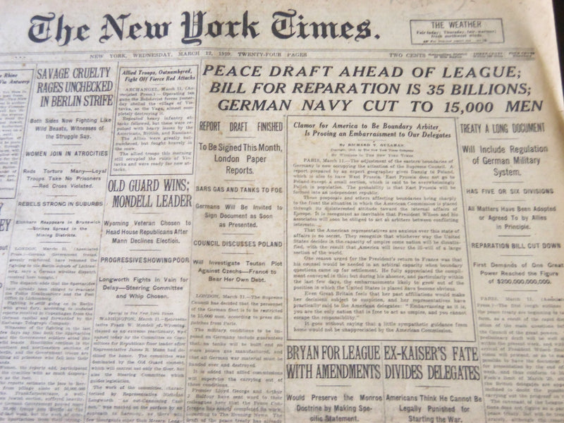 1919 MARCH 12 NEW YORK TIMES - BRYAN FOR LEAGUE WITH AMENDMENTS - NT 6426