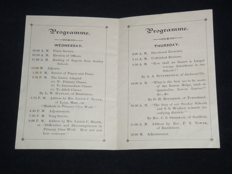 1885 WINDHAM COUNTY BAPTIST SUNDAY SCHOOL CONVENTION PROGRAM - J 9170