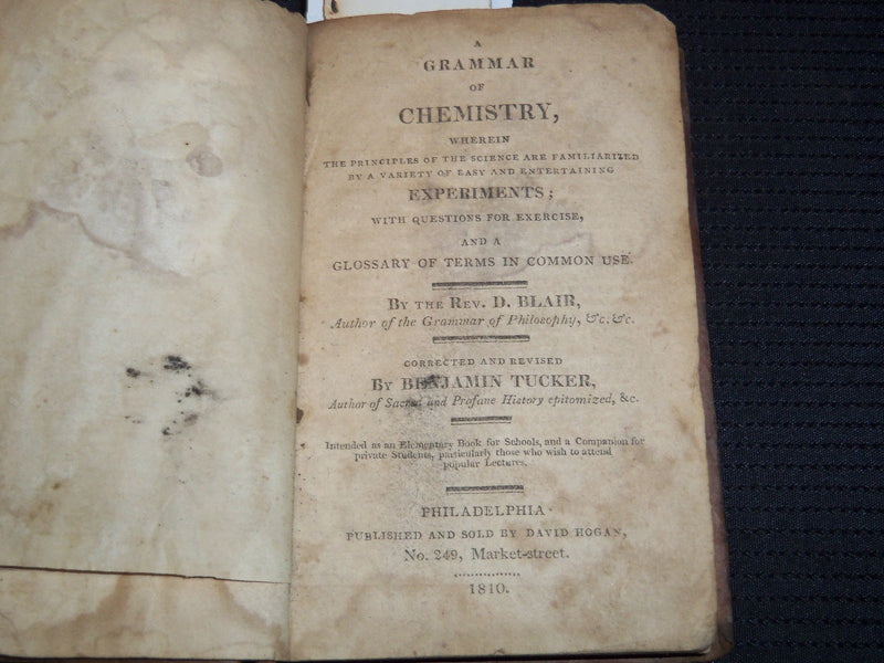 1810 A GRAMMAR OF CHEMISTRY BOOK BY REV. D. BLAIR & BENJAMIN TUCKER - J 8135
