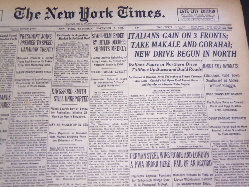 1935 NOVEMBER 9 NEW YORK TIMES - ITALIANS GAIN ON 3 FRONTS TAKE MAKALE - NT 4867