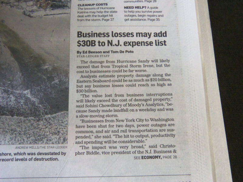 2012 NOVEMBER 1 THE STAR-LEDGER NEWSPAPER - PURE HELL-SANDY STORM - NP 2451