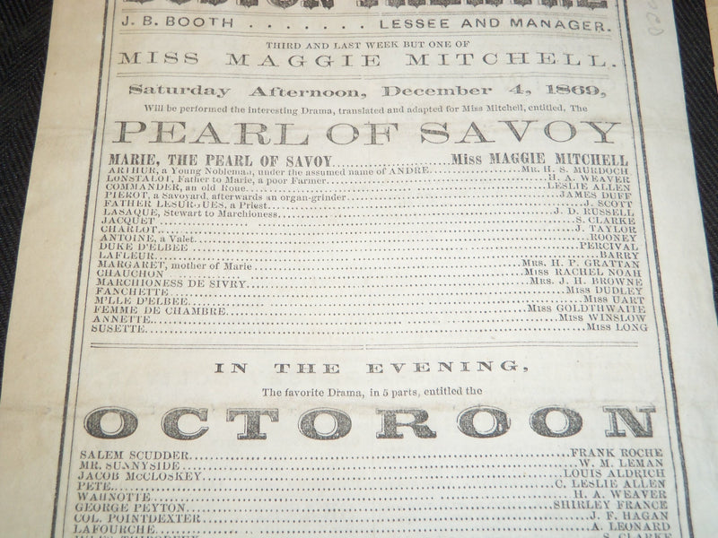 1869 BOSTON THEATRE PROGRAMS LOT OF 2 - THE EMERALD RING - PEARL SAVOY - J 5340
