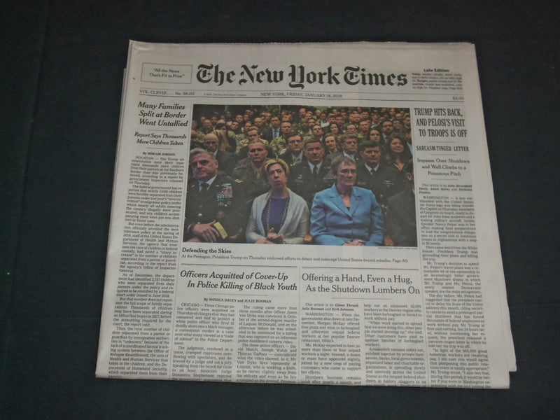 2019 JANUARY 18 NEW YORK TIMES - TRUMP HITS BACK, PELOSI VISIT TO TROOPS IS OFF