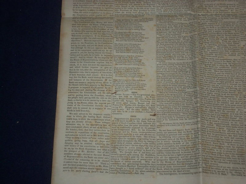 1833 SEPTEMBER 5 THE GLOBE NEWSPAPER - U.S. BANK - JACKSON - NP 5076