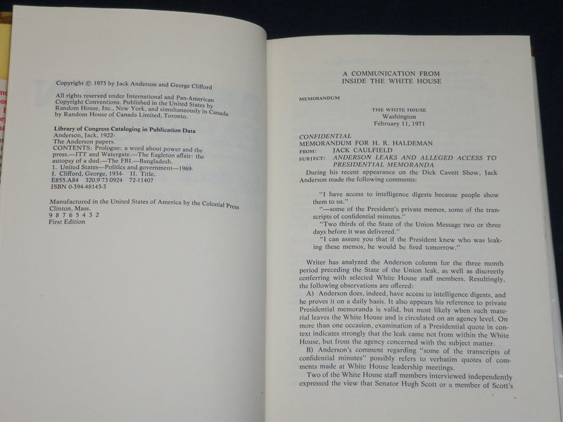 1973 THE ANDERSON PAPERS BOOK INSCRIBED BY JACK ANDERSON - FIRST EDITION - D 484