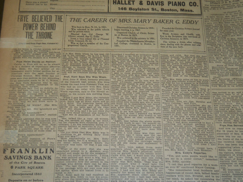 1906 OCTOBER 30 THE BOSTON HERALD - MRS. EDDY RECOGNIZED ON CONCORD - BH 91