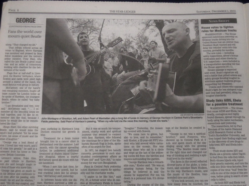 2001 DECEMBER 1 STAR LEDGER NEWSPAPER LOT 13 - GEORGE HARRISON DEAD - NP 1823
