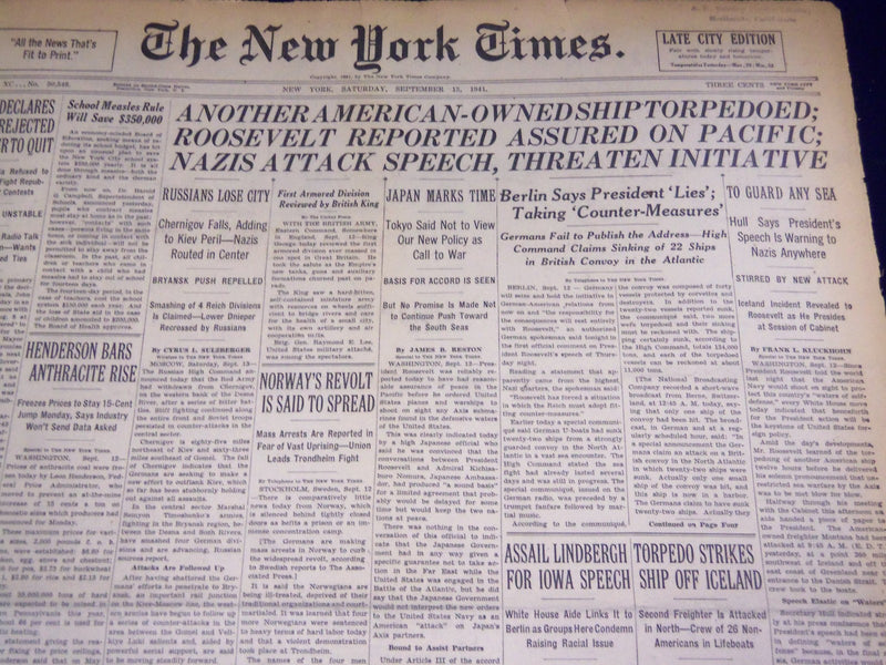 1941 SEPT 13 NEW YORK TIMES - ANOTHER AMERICAN OWNED SHIP TORPEDOED - NT 1472