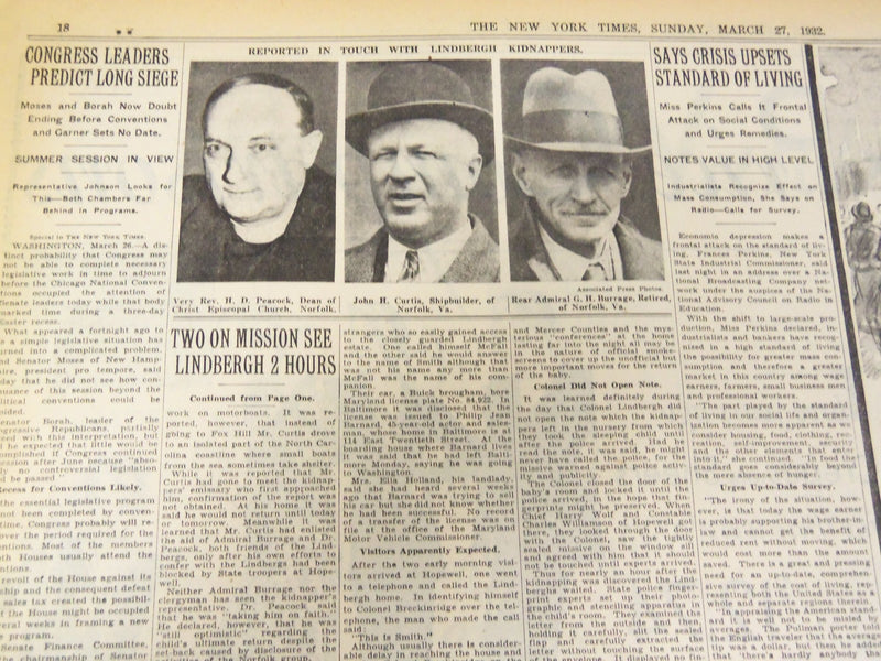 1932 MARCH 27 NEW YORK TIMES - TWO ON MISSION SEE LINDBERGH - NT 4093