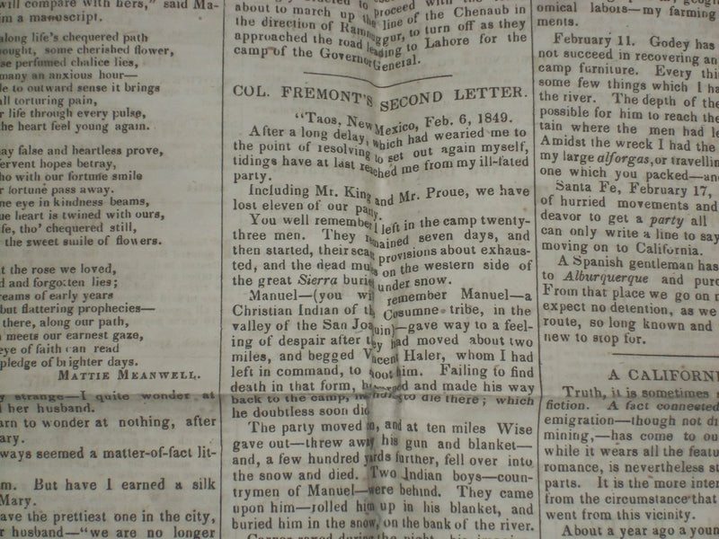 1849 MAY 5 MASSACHUSETTS PLOUGHMAN NEWSPAPER - FREEMONT'S SECOND LETTER- NP 5167