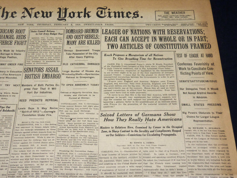 1919 FEBRUARY 6 NEW YORK TIMES - LEAGUE OF NATIONS WITH RESERVATIONS - NT 7961
