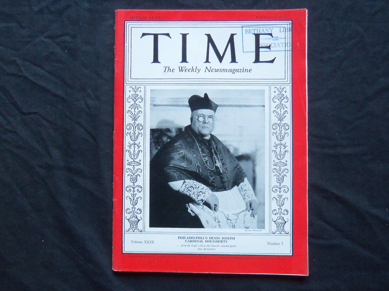 1937 FEBRUARY 15 TIME MAGAZINE - CARDINAL DENIS JOSEPH DOUGHERTY - T 552