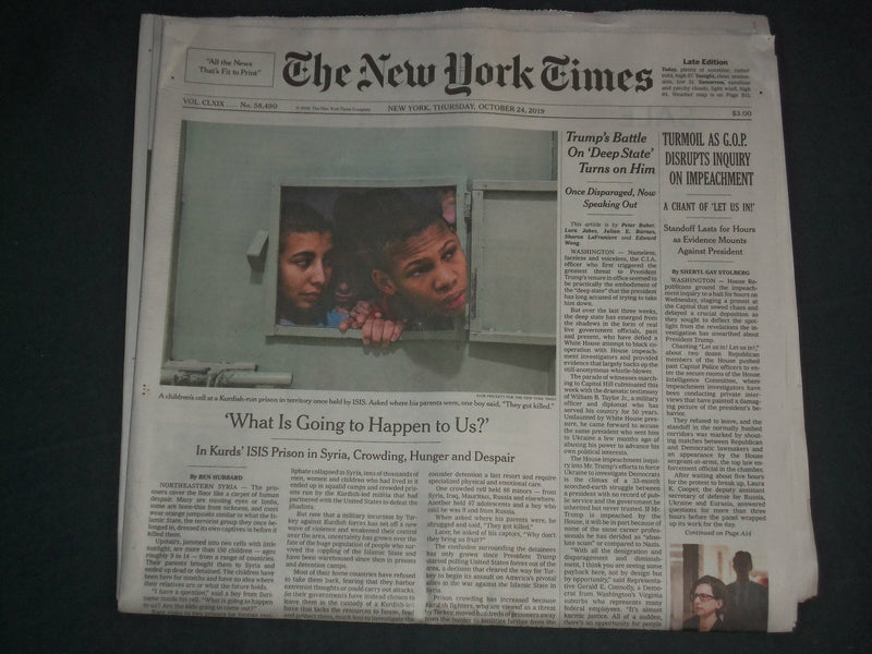 2019 OCTOBER 24 NEW YORK TIMES - TURMOIL AS GOP DISRUPTS INQUIRY ON IMPEACHMENT