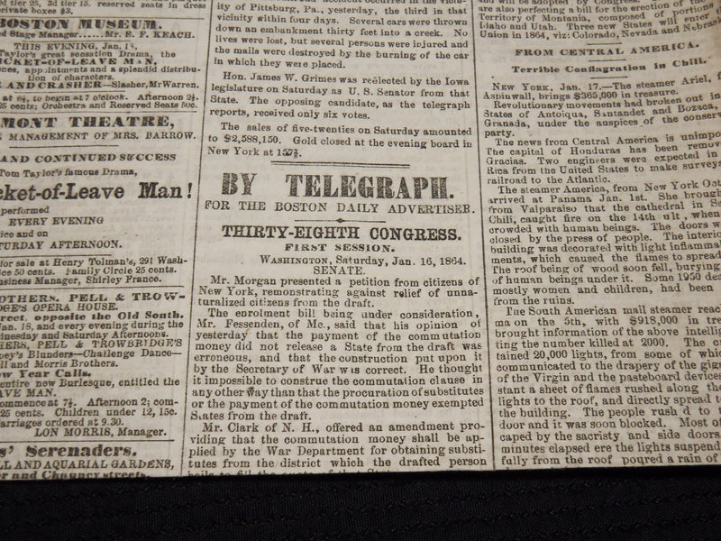 1864 JANUARY 18 BOSTON DAILY ADVERTISER NEWSPAPER - TRUMBULL REQUEST - NP 3878I