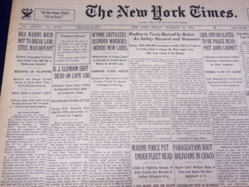 1933 DECEMBER 15 NEW YORK TIMES - R. J. GLENDON SHOT DEAD - NT 4174