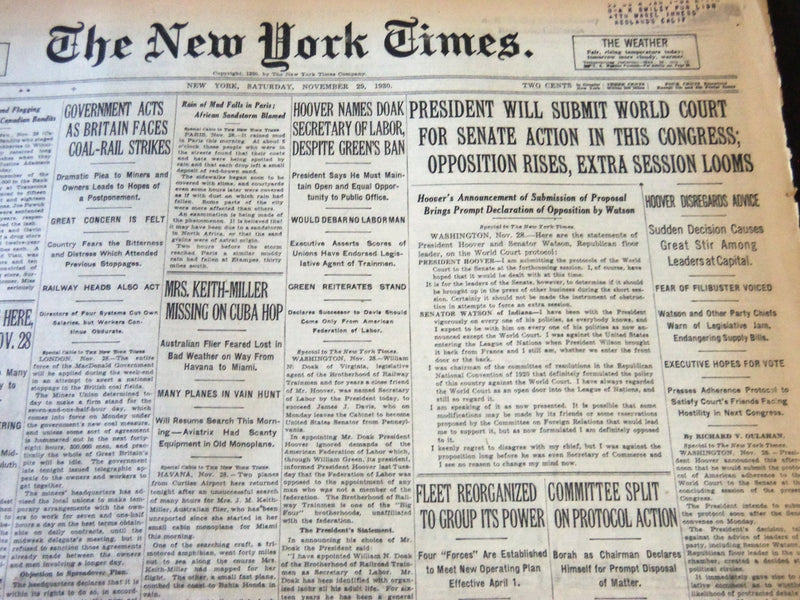 1930 NOVEMBER 29 NEW YORK TIMES - HOOVER NAMES DOAK SECRETARY OF LABOR - NT 5747