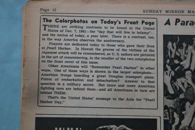 1942 DEC 6 SUNDAY MIRROR NEWSPAPER MAGAZINE SECTION - PEARL HARBOR - NP 9076