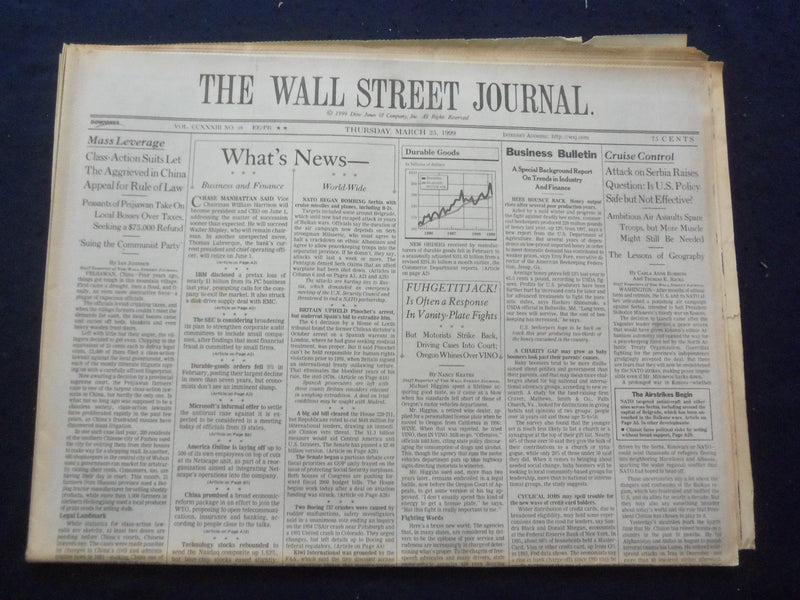 1999 MARCH 25 THE WALL STREET JOURNAL -ATTACK ON SERBIA RAISES QUESTIONS- WJ 311