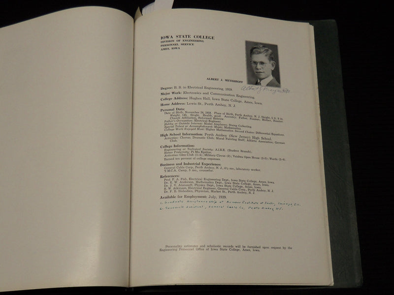 1939 IOWA STATE COLLEGE ENGINEERING PERSONNEL SERVICE - SIGNATURES - J 9999D
