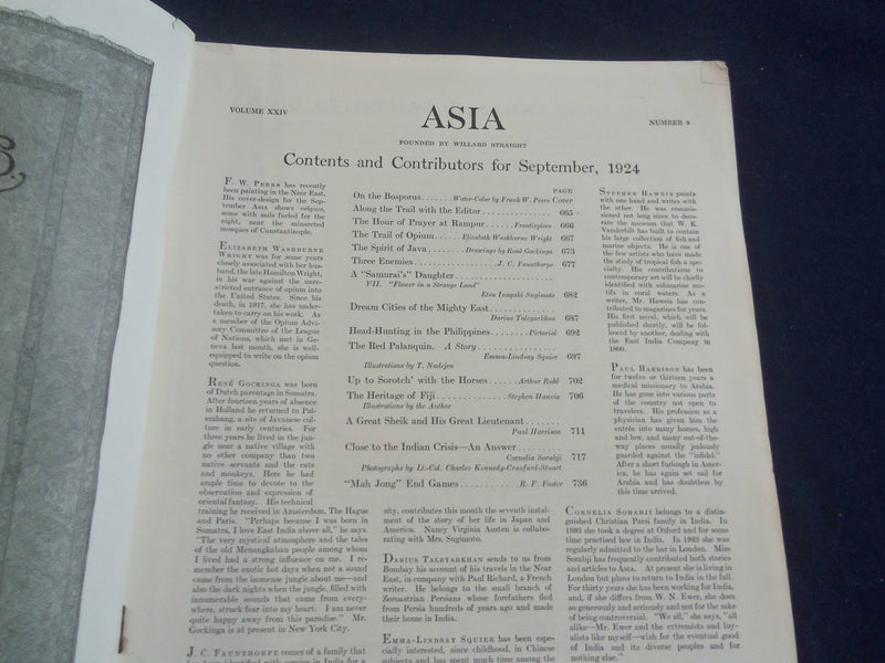1924 SEPTEMBER ASIA MAGAZINE - TRAIL OF OPIUM- GREAT PHOTOS & STORIES - SP 1222Z