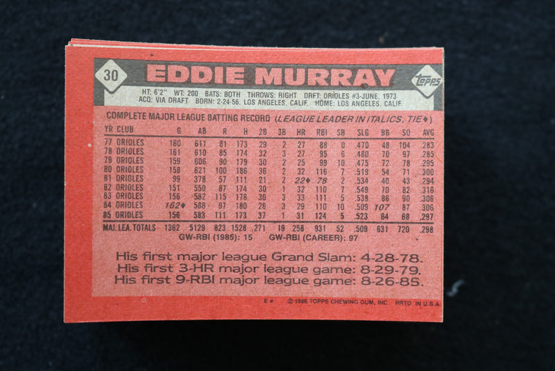 EDDIE MURRAY 1986 TOPPS BASEBALL CARDS - CARD #30 - NM-MT - LOT OF 84 - #213