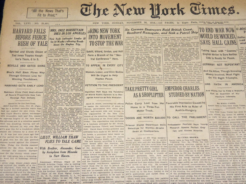 1916 NOVEMBER 26 NEW YORK TIMES - HARVARD FALLS TO FIERCE RUSH OF YALE - NT 7734