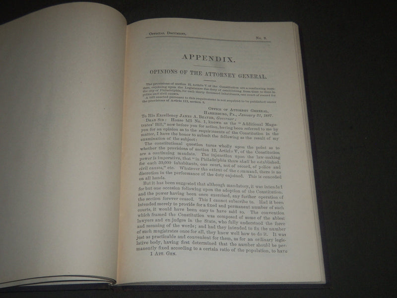 1889 ATTORNEY GENERAL REPORT OF PENNSYLVANIA FOR 1887 & 1888 BOOK - KD 4211