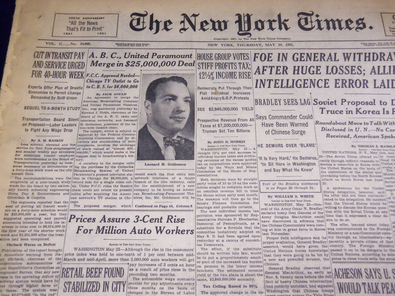 1951 MAY 24 NEW YORK TIMES - A. B. C. & UNITED PARAMOUNT MERGE - NT 2457