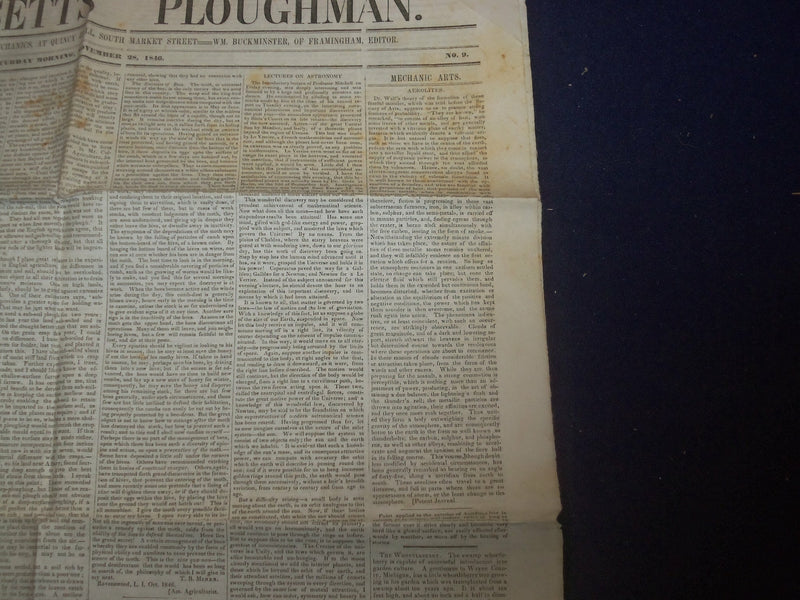 1846 NOVEMBER 28 MASSACHUSETTS PLOUGHMAN NEWSPAPER- AEROLITES- DR. WALL- NP 5137