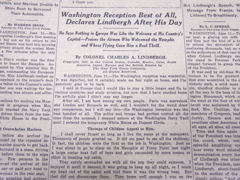 1927 JUNE 12 NEW YORK TIMES - NATION PAY ITS HOMAGE TO LINDBERGH - NT 5067