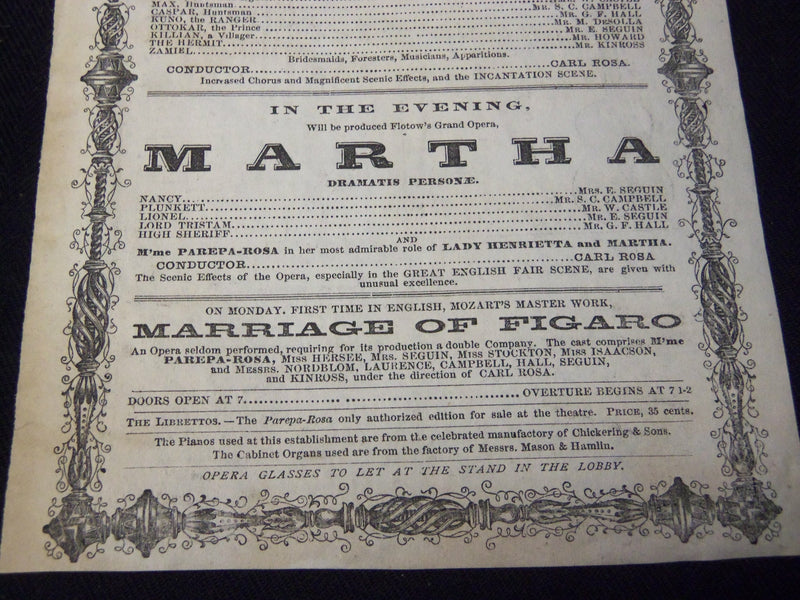 1870 BOSTON THEATRE DER FREISCHUTZ MARRIAGE OF FIGARO HANDBILL - J 5388