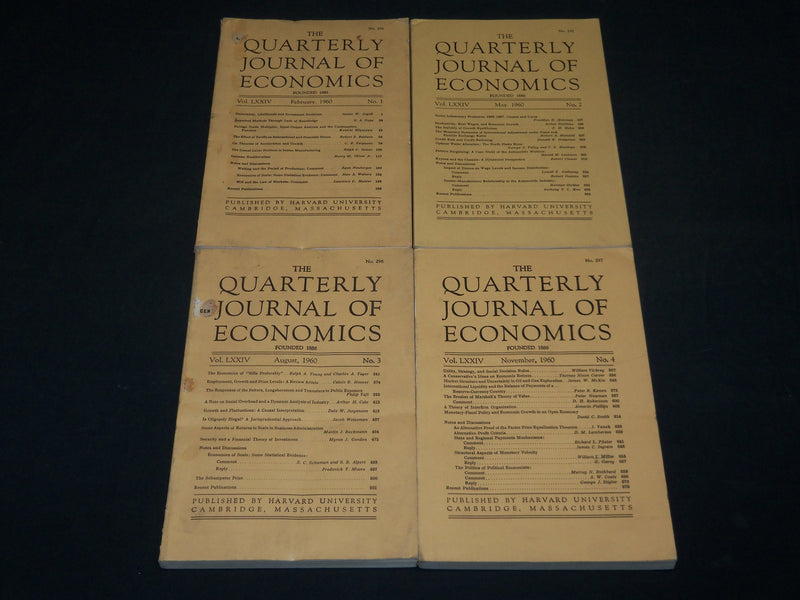 1960 QUARTERLY JOURNAL OF ECONOMICS LOT OF 4 ISSUES - COMPLETE YEAR - WR 336E