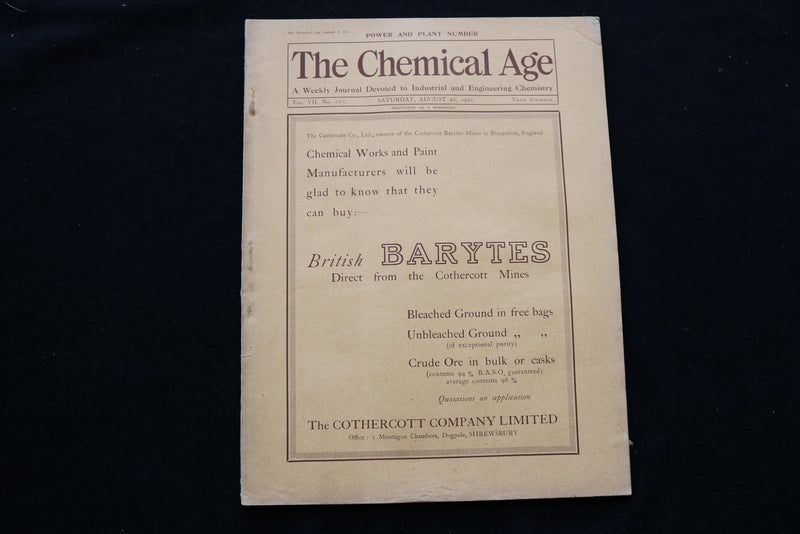 1922 AUGUST 26 THE CHEMICAL AGE MAGAZINE - BRITISH BARYTES COVER - SP 4924I