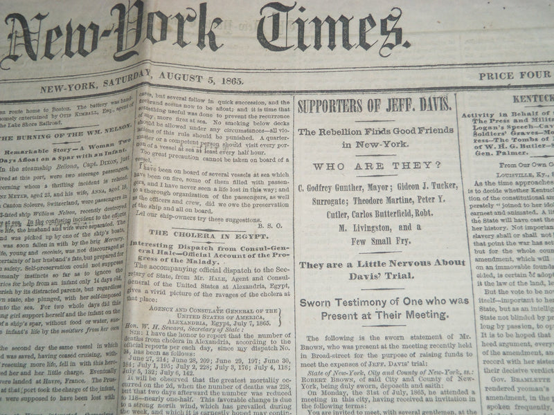 1865 AUGUST 5 NEW YORK TIMES NEWSPAPER - SUPPORTERS OF JEFF DAVIS - NP 3990
