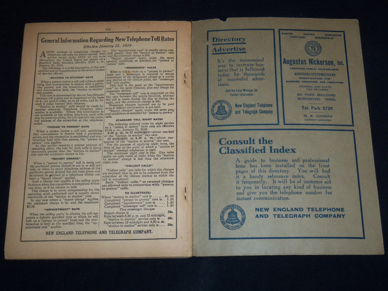 1919 SPRING WORCESTER DISTRICT TELEPHONE DIRECTORY - WORCESTER DISTRICT - J 8819