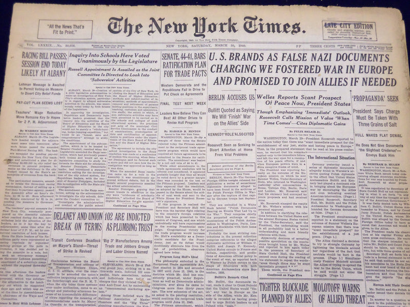 1940 MAR 30 NEW YORK TIMES NEWSPAPER - U. S. BRANDS FALSE NAZI DOCUMENTS - NT 33