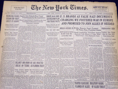 1940 MAR 30 NEW YORK TIMES NEWSPAPER - U. S. BRANDS FALSE NAZI DOCUMENTS - NT 33