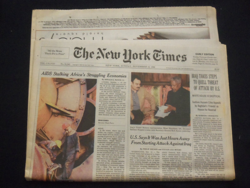 1998 NOV 15 NEW YORK TIMES NEWSPAPER -IRAQ QUELL U.S. ATTACK THREAT - NP 7112