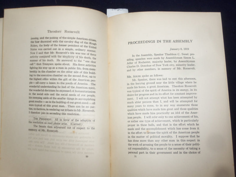 1919 A MEMORIAL TO THEODORE ROOSEVELT - STATE OF NY- HARDCOVER BOOK BY - KD 9098